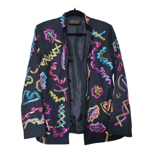 Black Jacket Bright Floral Accents Glass Buttons M Sequined Embroidered Alex Kim - Picture 6 of 11